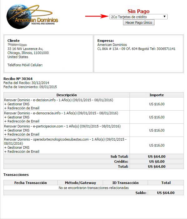 Pagar Facturas Hosting American Dominios