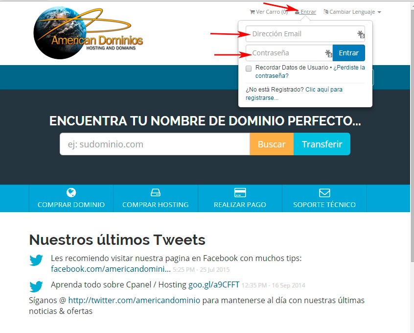 area de clientes American Dominios