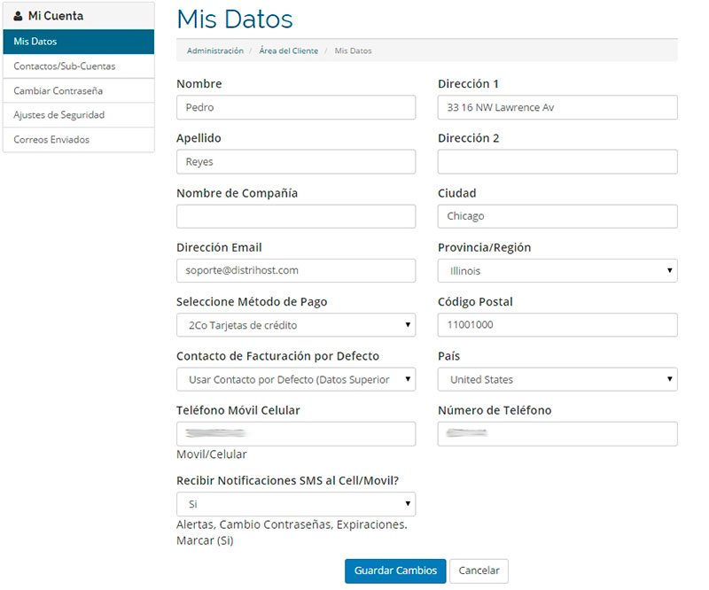 Cambiar Datos en Area de Cliente WHMCS