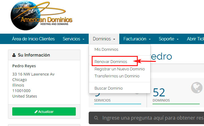 Sección Dominios Administrar