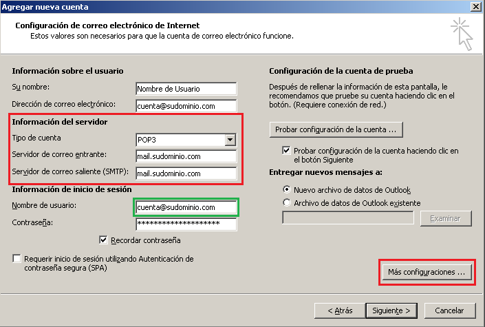 Cambiando configuracion outlook