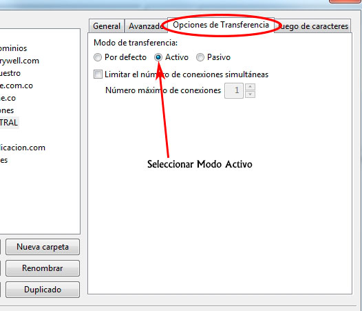 Opciones de Transferencia Filezilla