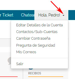 Area de inicio WHMCS