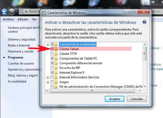 Instalar Telnet en windows7